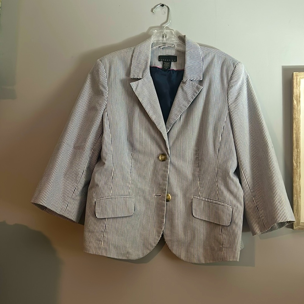 Beautiful blue and white striped 2 button jacket.